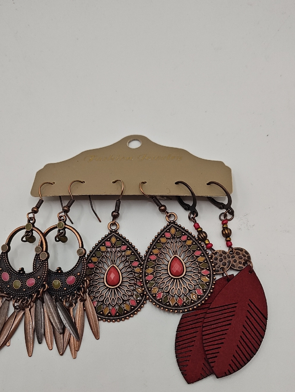 Boho Metal Teardrop and Feather Earrings Set Red and Copper‎ 3 Pair